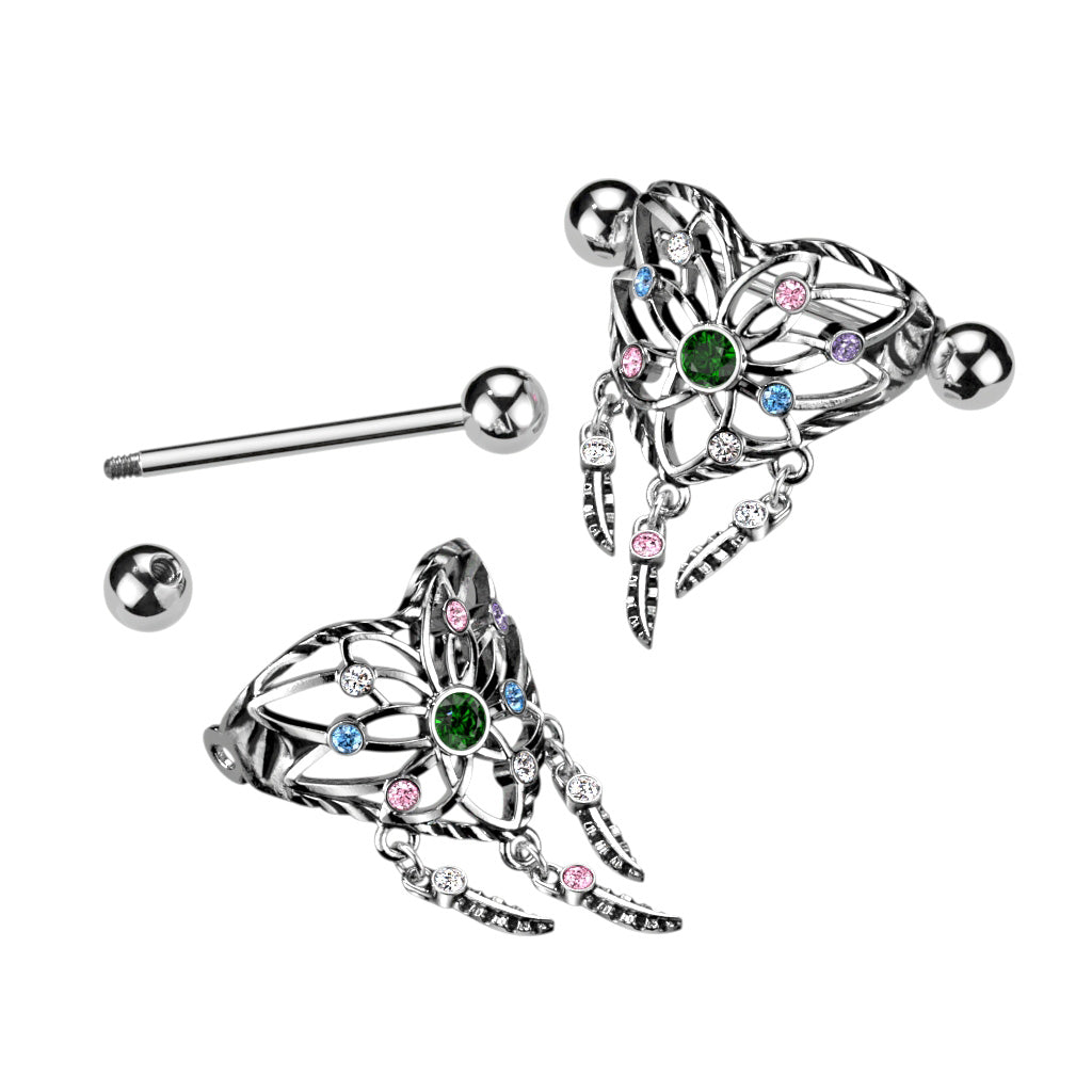 316L Surgical Steel Heart Dream Catcher Shield Nipple Ring With Multi...