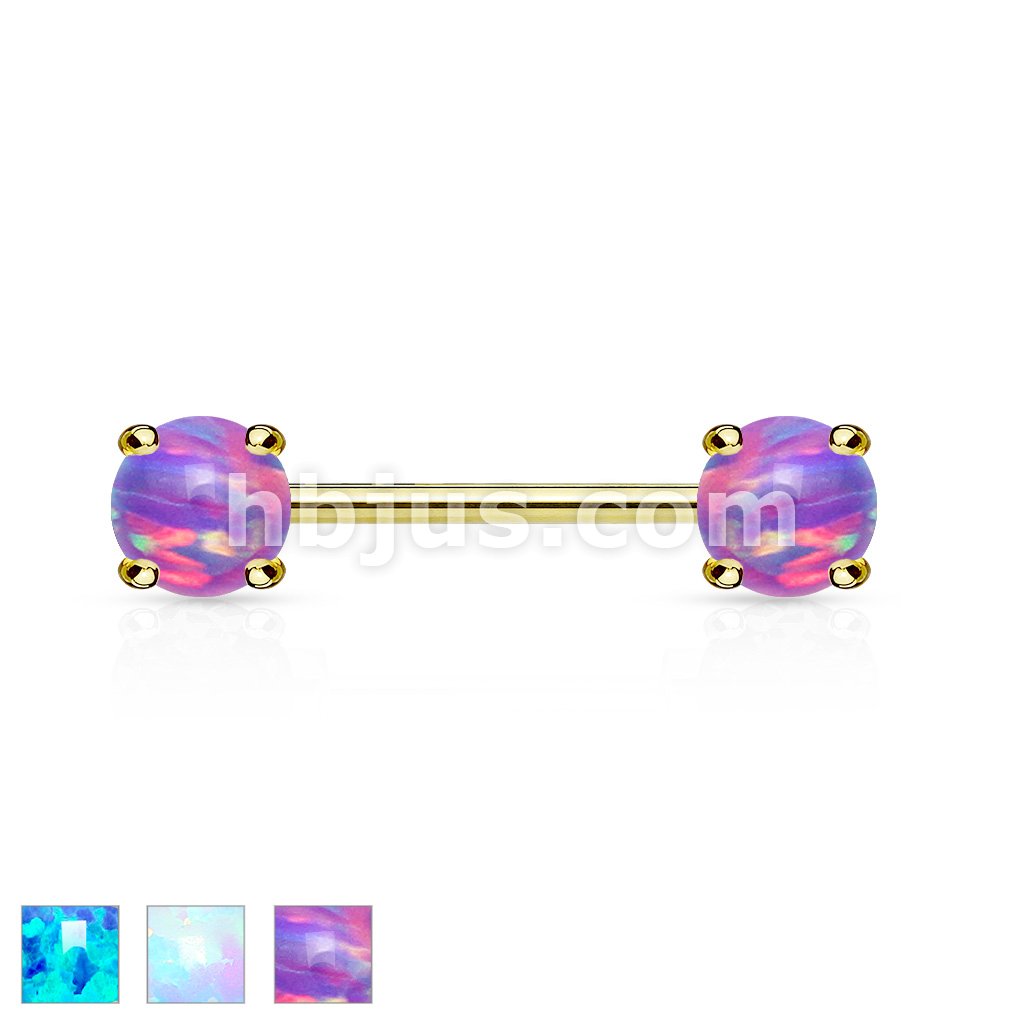 316L Surgical Steel Opal Prong Set Front Facing Ends 14Kt. Gold Plated...