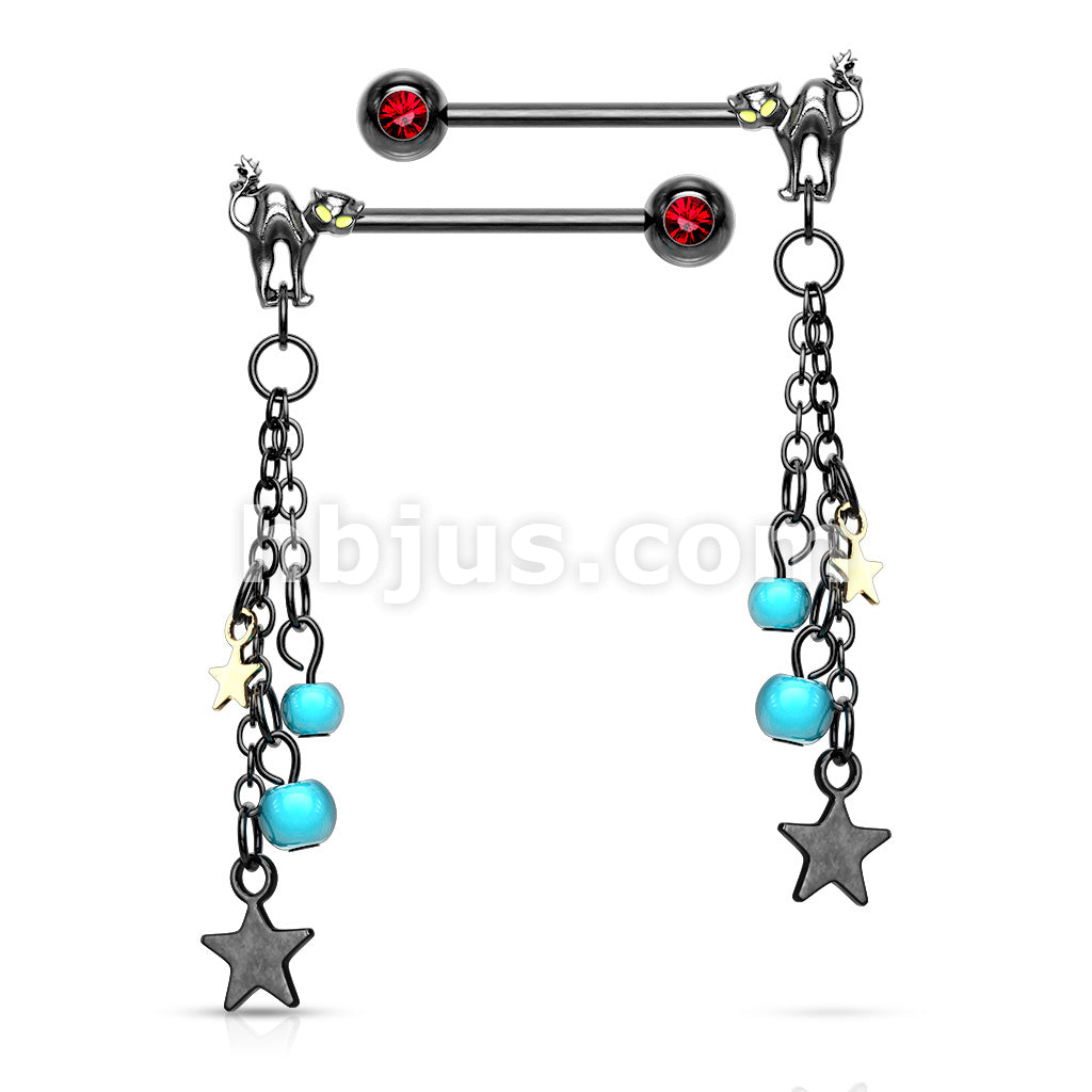 Pair of Cat with Turquoise Beads and Star Dangle with Red Gemmed Set... - Image 2