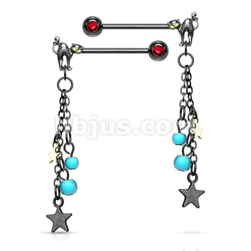 Pair of Cat with Turquoise Beads and Star Dangle with Red Gemmed Set... - Image 2