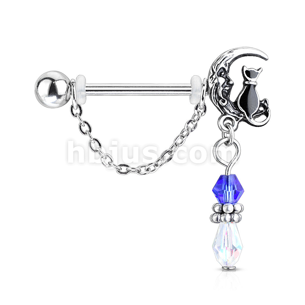 316L Surgical Steel Pair of Cat Sitting on Moon with Beads and Chain... - Image 3