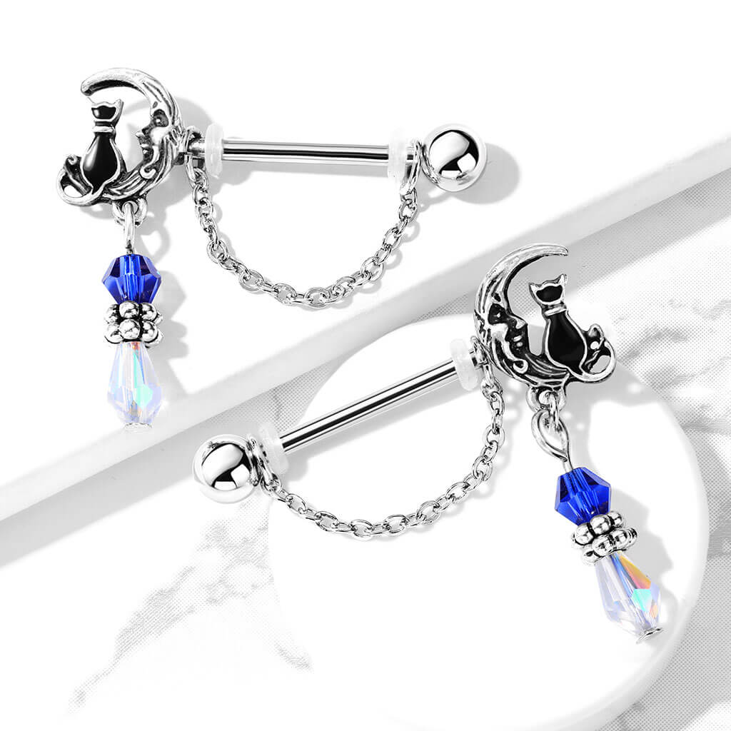 316L Surgical Steel Pair of Cat Sitting on Moon with Beads and Chain...