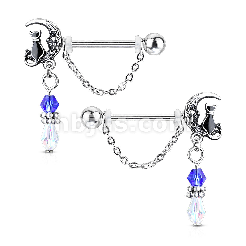 316L Surgical Steel Pair of Cat Sitting on Moon with Beads and Chain... - Image 2