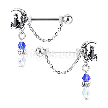 316L Surgical Steel Pair of Cat Sitting on Moon with Beads and Chain... - Image 2