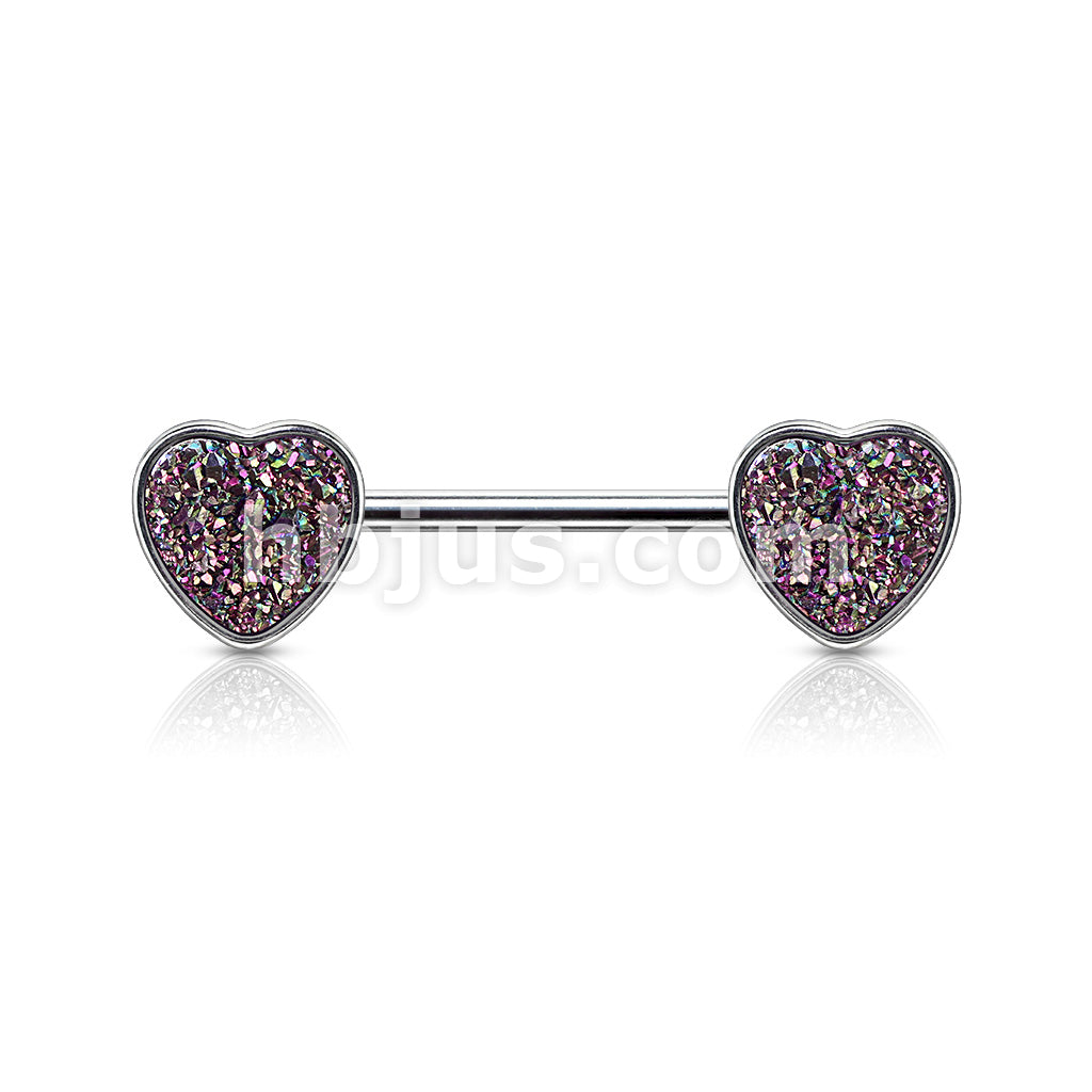 Druzy Stone Heart Set 316L Surgical Steel Nipple Barbell Rings - Image 3