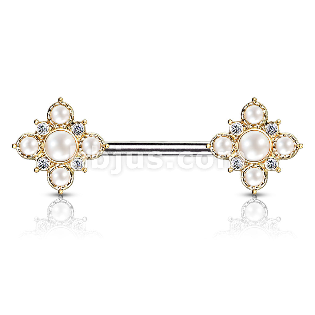 Pearl and Crystal Paved Gold Plated Vintage Square Flower Ends 316L... - Image 3