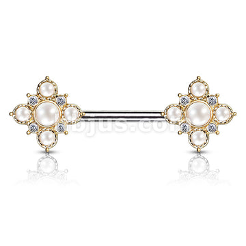 Pearl and Crystal Paved Gold Plated Vintage Square Flower Ends 316L... - Image 3
