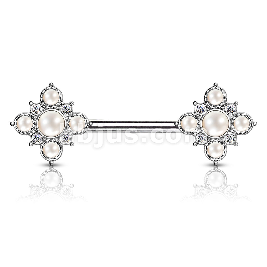 Pearl and Crystal Paved Gold Plated Vintage Square Flower Ends 316L... - Image 5