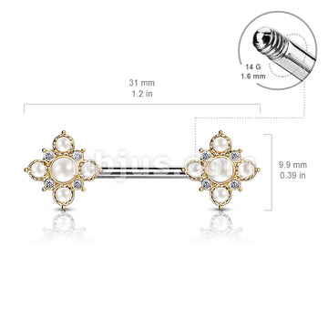 Pearl and Crystal Paved Gold Plated Vintage Square Flower Ends 316L... - Image 6