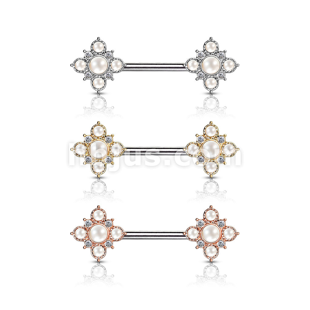 Pearl and Crystal Paved Gold Plated Vintage Square Flower Ends 316L... - Image 7