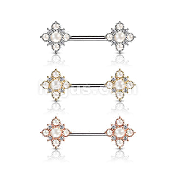 Pearl and Crystal Paved Gold Plated Vintage Square Flower Ends 316L... - Image 7