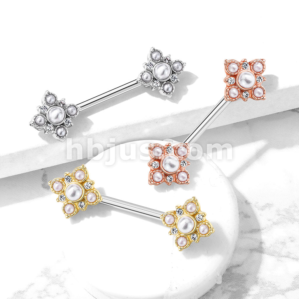 Pearl and Crystal Paved Gold Plated Vintage Square Flower Ends 316L...