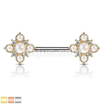 Pearl and Crystal Paved Gold Plated Vintage Square Flower Ends 316L... - Image 2