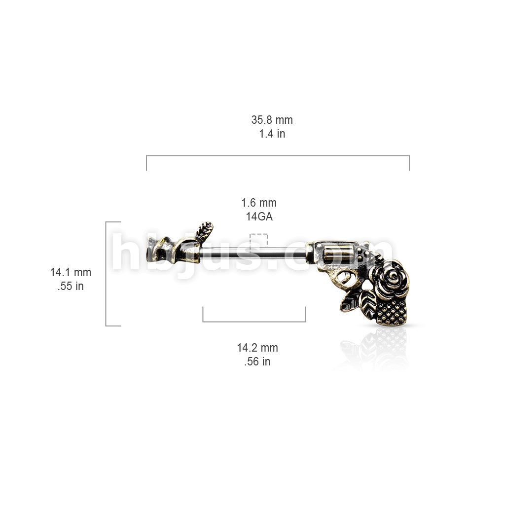 316L Surgical Steel Rose Pistol 316L Surgical Steel Barbell Nipple Rings - Image 5