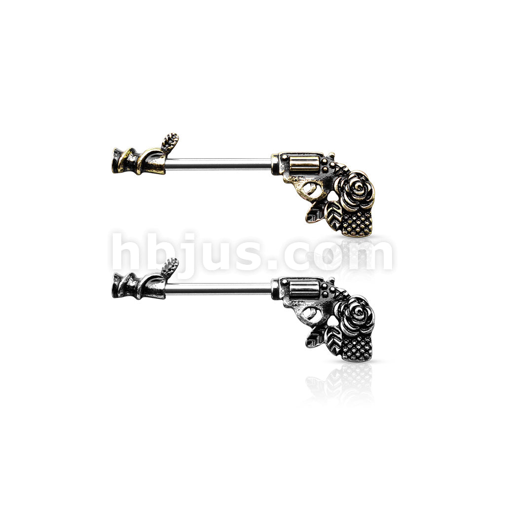 316L Surgical Steel Rose Pistol 316L Surgical Steel Barbell Nipple Rings - Image 6