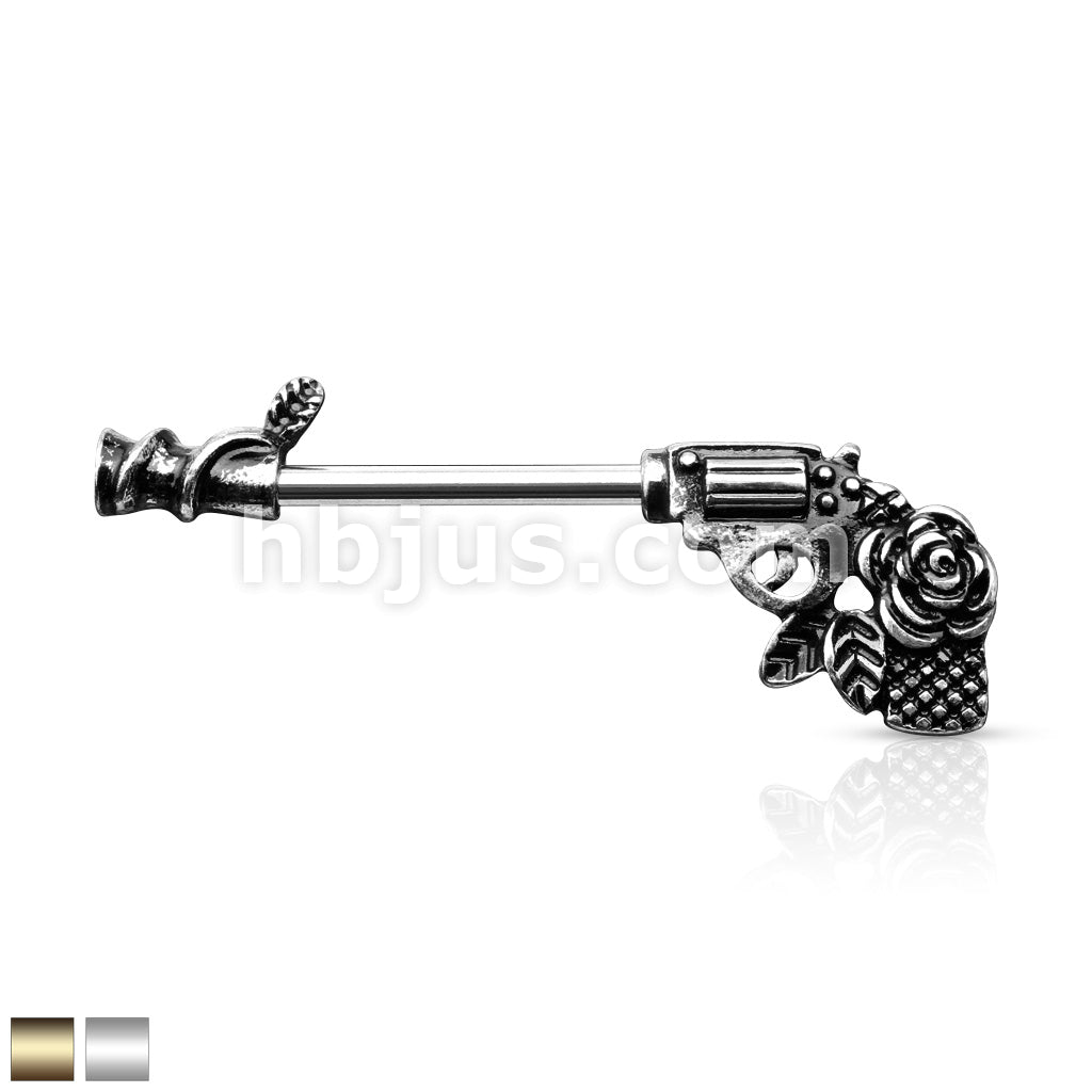 316L Surgical Steel Rose Pistol 316L Surgical Steel Barbell Nipple Rings - Image 2