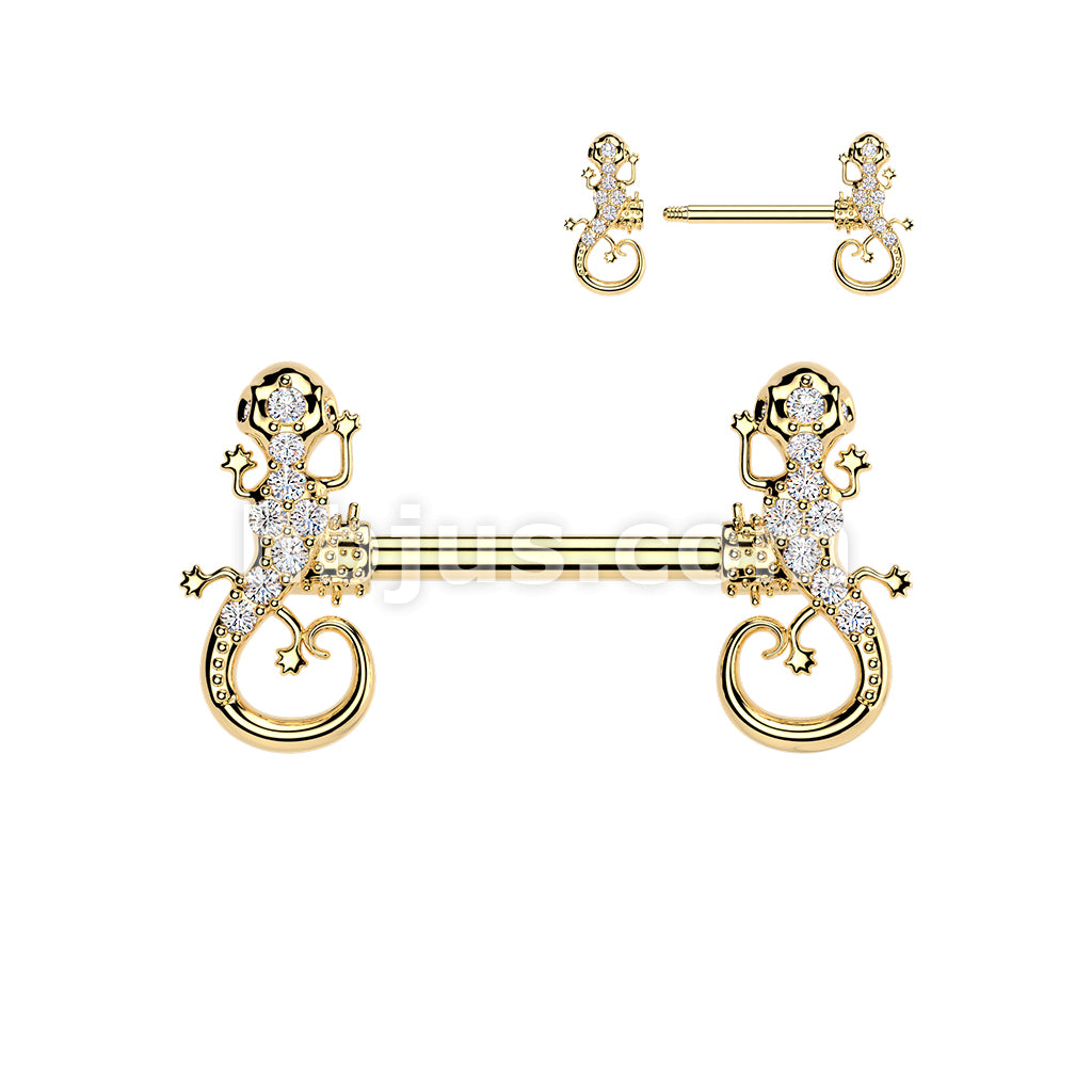 316L Surgical Steel 316L Surgical Steel Nipple Barbell With CZ Pave Gecko - Image 3