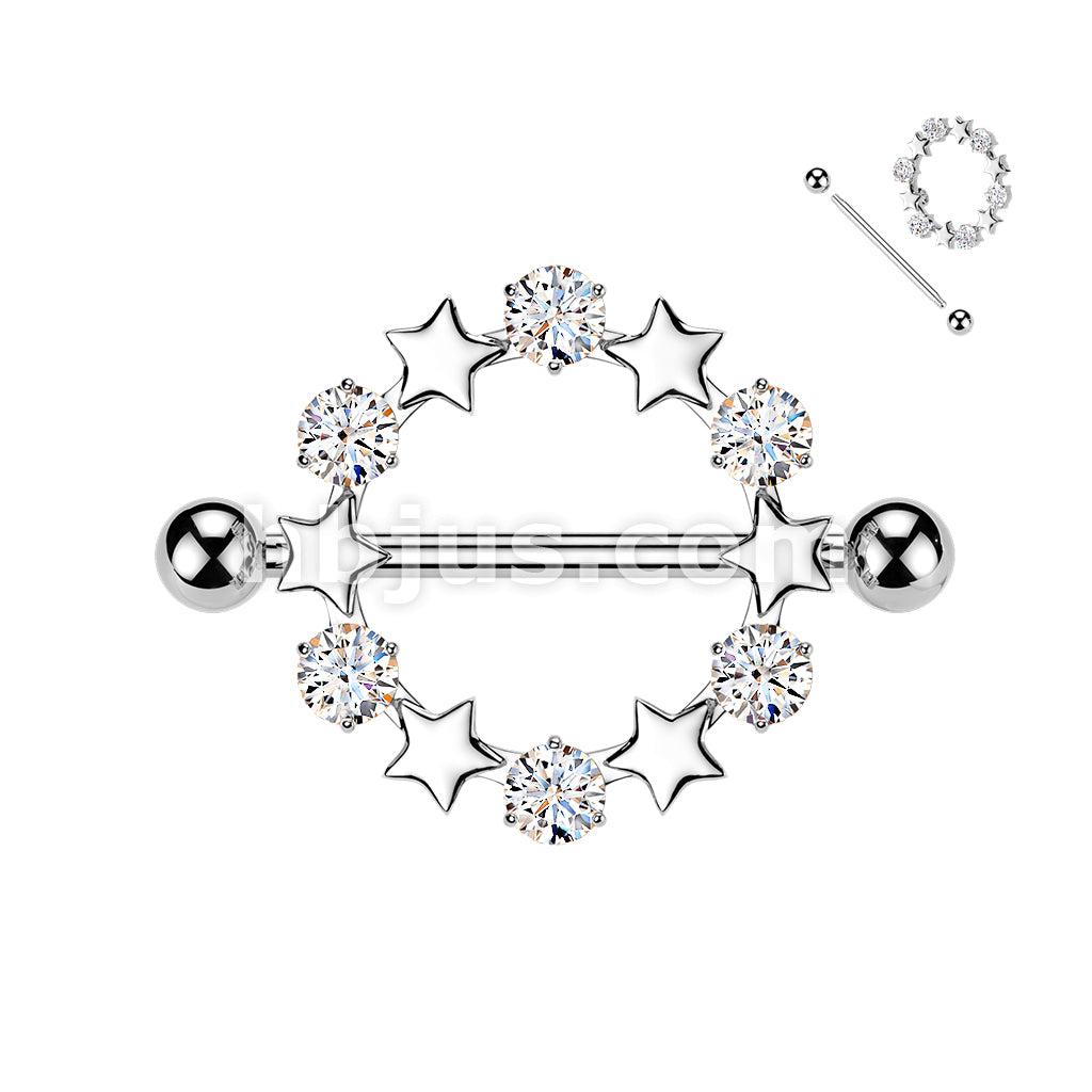 316L Surgical Steel 316L Nipple Barbell Ring With Star And Round CZ Shield - Image 2