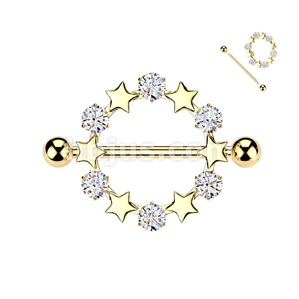 316L Surgical Steel 316L Nipple Barbell Ring With Star And Round CZ Shield - Image 3