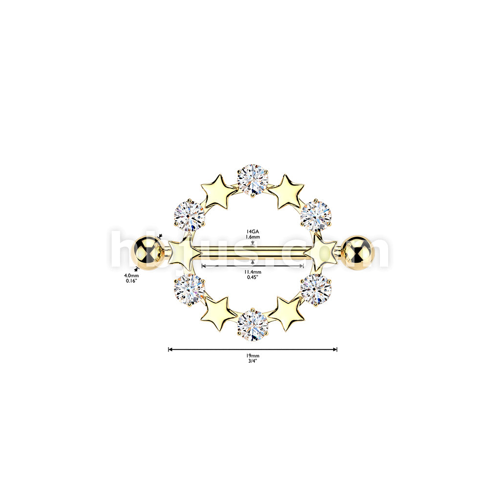 316L Surgical Steel 316L Nipple Barbell Ring With Star And Round CZ Shield - Image 4
