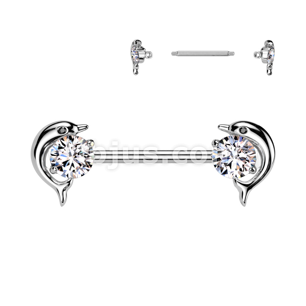 316L Surgical Steel 316L Surgical Steel Nipple Barbell With Dolphin CZ Ends - Image 2