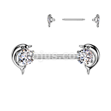 316L Surgical Steel 316L Surgical Steel Nipple Barbell With Dolphin CZ Ends - Image 2