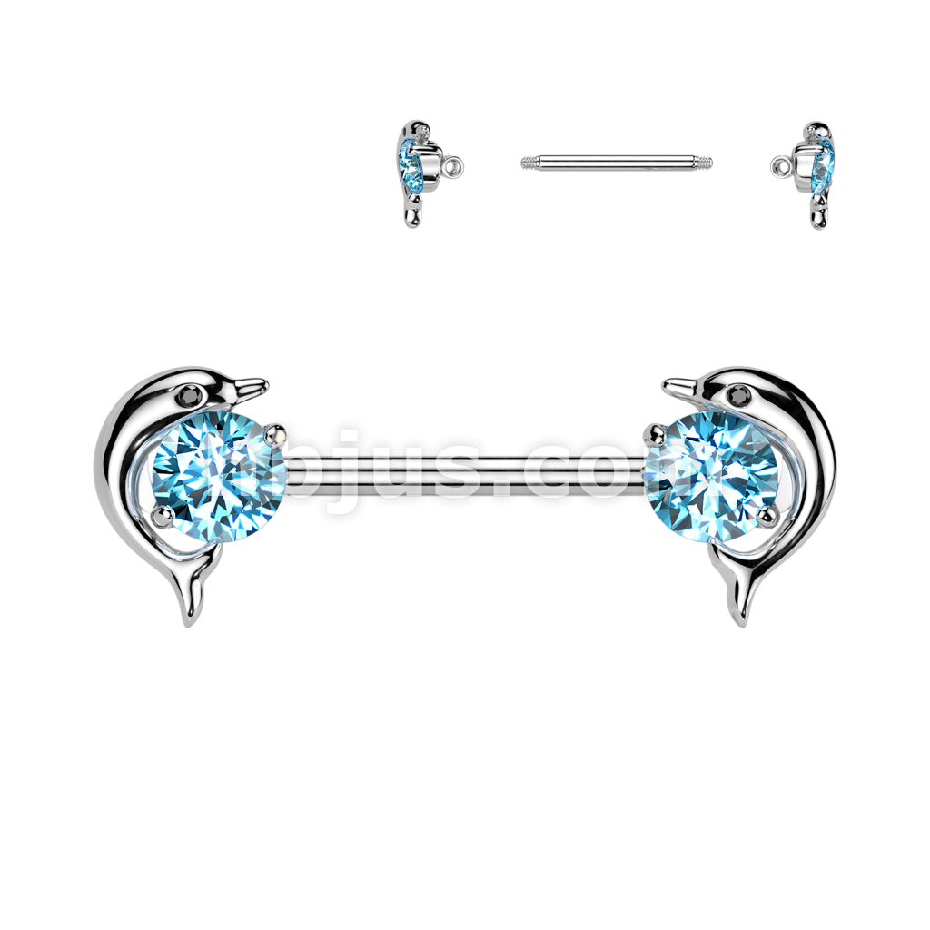 316L Surgical Steel 316L Surgical Steel Nipple Barbell With Dolphin CZ Ends - Image 4
