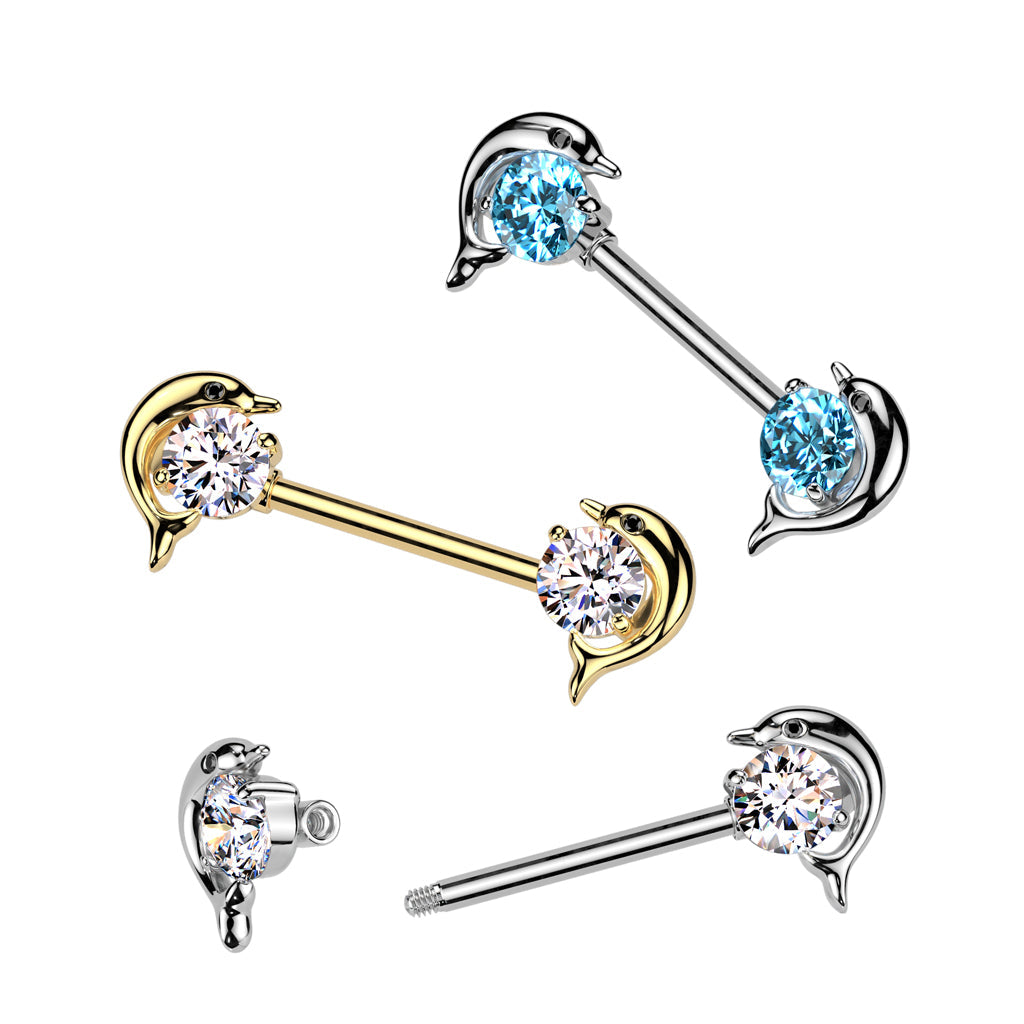 316L Surgical Steel 316L Surgical Steel Nipple Barbell With Dolphin CZ Ends