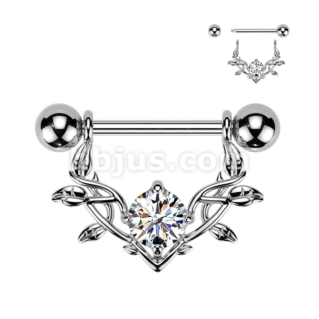 316L Surgical Steel 316L Nipple Barbell With Large Prong Set CZ Vine Dangle - Image 2