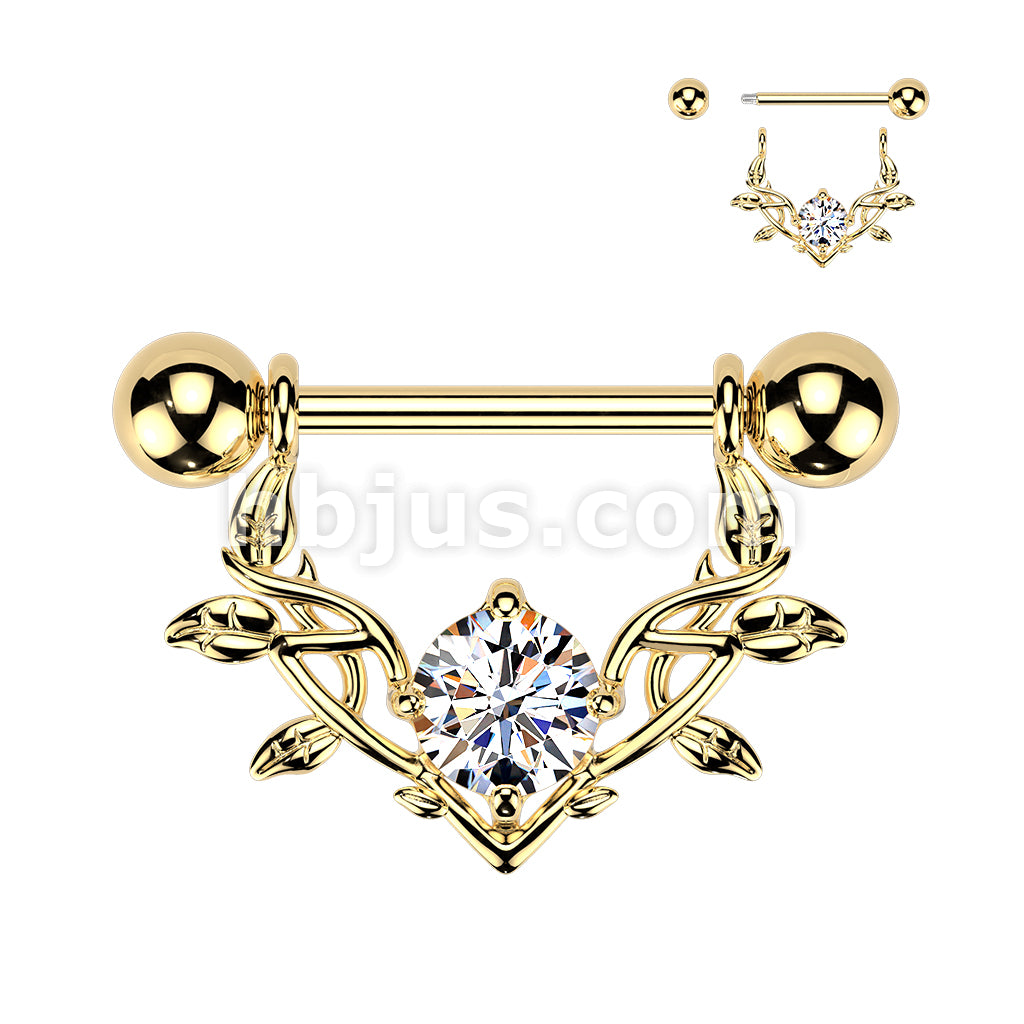 316L Surgical Steel 316L Nipple Barbell With Large Prong Set CZ Vine Dangle - Image 3