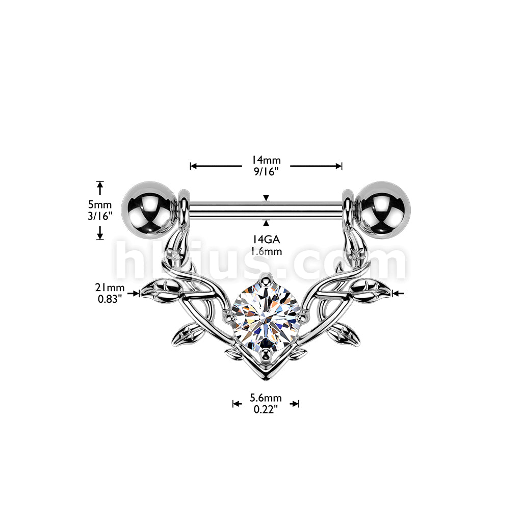 316L Surgical Steel 316L Nipple Barbell With Large Prong Set CZ Vine Dangle - Image 4