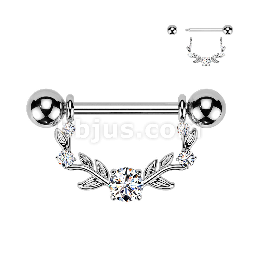 316L Surgical Steel 316L Nipple Barbell With Multi Prong Set CZ Vine Dangle - Image 2