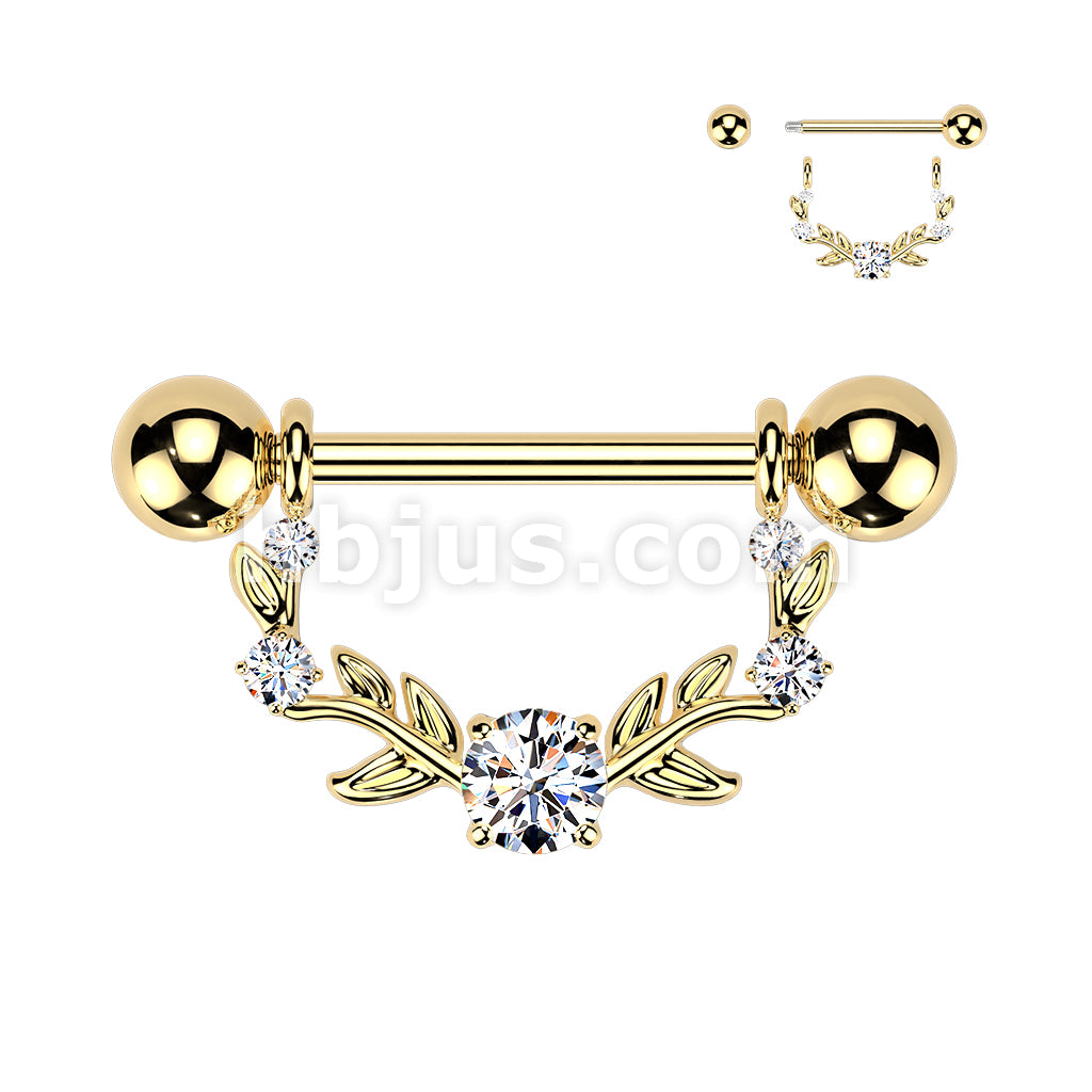316L Surgical Steel 316L Nipple Barbell With Multi Prong Set CZ Vine Dangle - Image 3