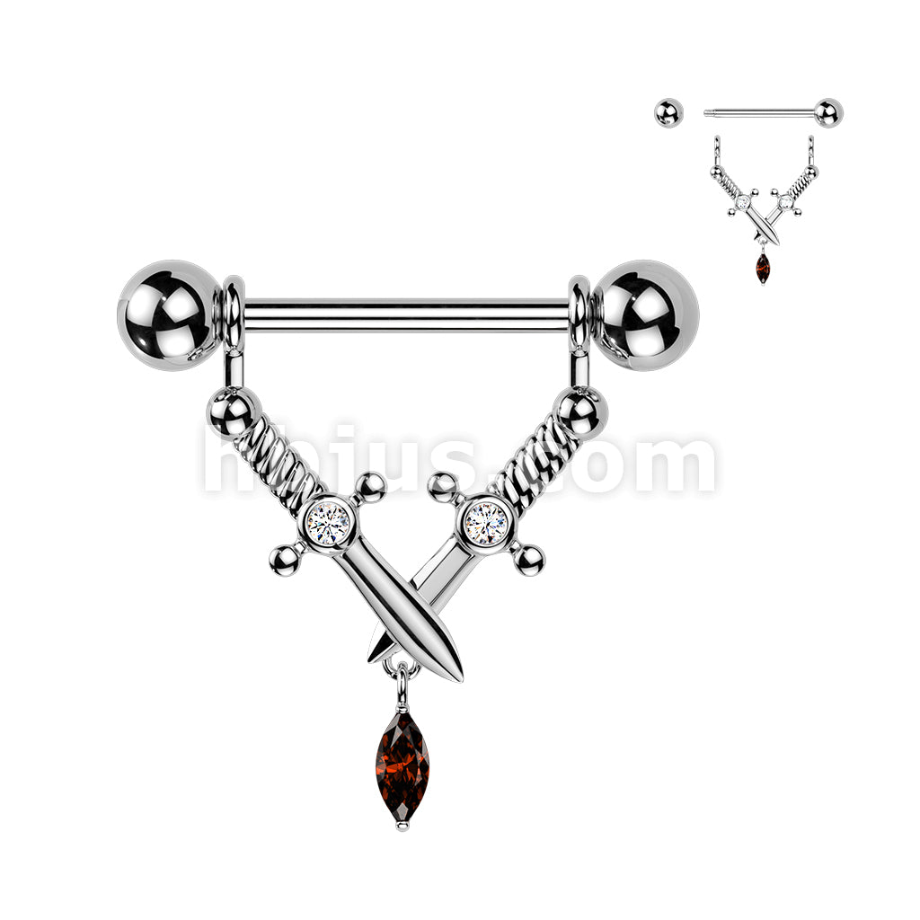 316L Surgical Steel 316L Nipple Barbell With Crossed Daggers & Marquise... - Image 2