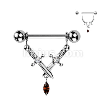 316L Surgical Steel 316L Nipple Barbell With Crossed Daggers & Marquise... - Image 2