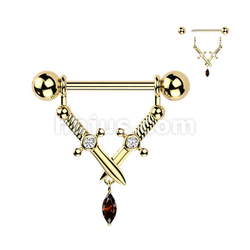 316L Surgical Steel 316L Nipple Barbell With Crossed Daggers & Marquise... - Image 3
