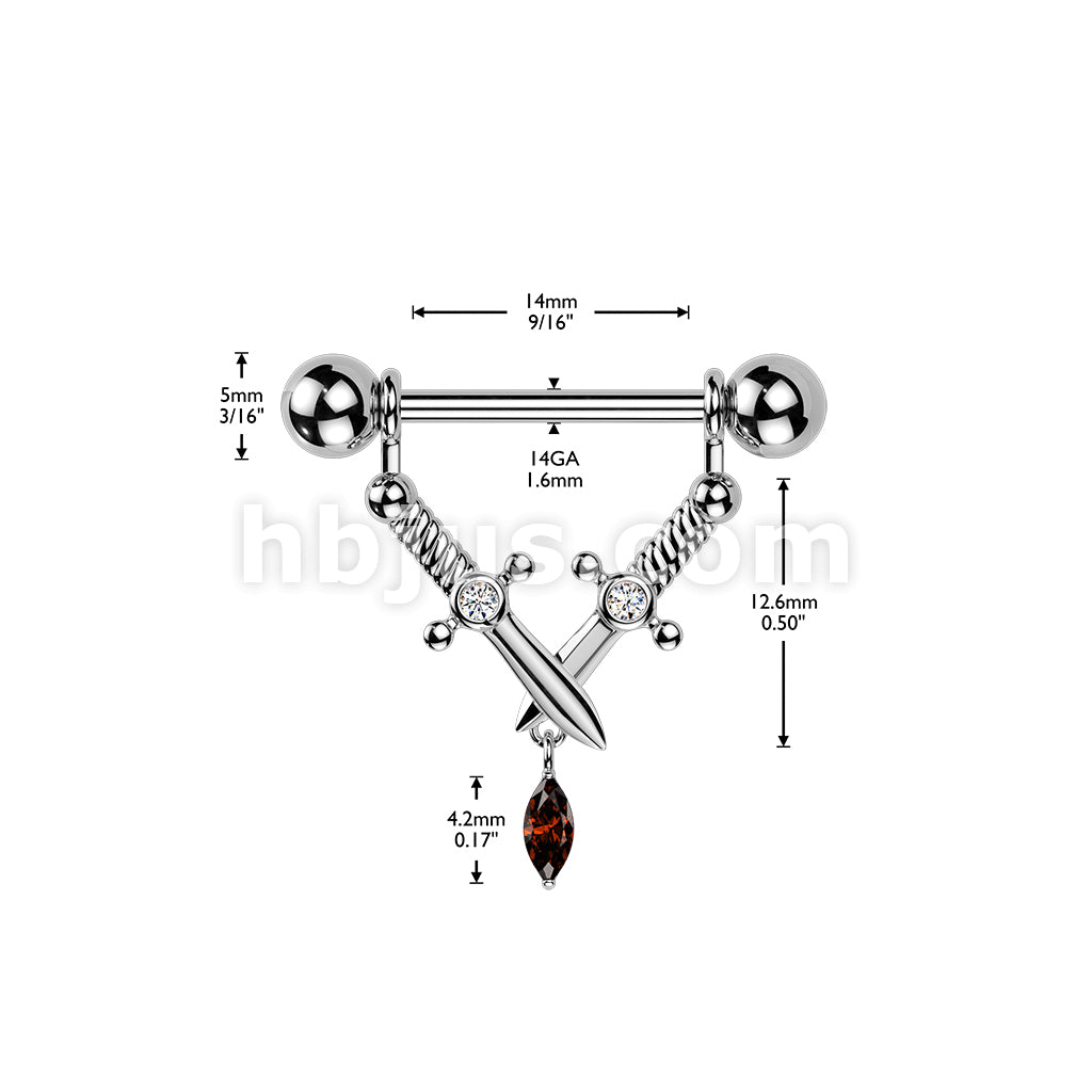 316L Surgical Steel 316L Nipple Barbell With Crossed Daggers & Marquise... - Image 4
