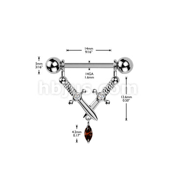 316L Surgical Steel 316L Nipple Barbell With Crossed Daggers & Marquise... - Image 4