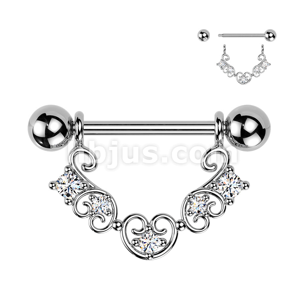 316L Surgical Steel 316L Nipple Barbell With Heart Filigree & Multi... - Image 2
