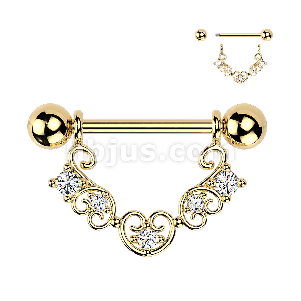 316L Surgical Steel 316L Nipple Barbell With Heart Filigree & Multi... - Image 3