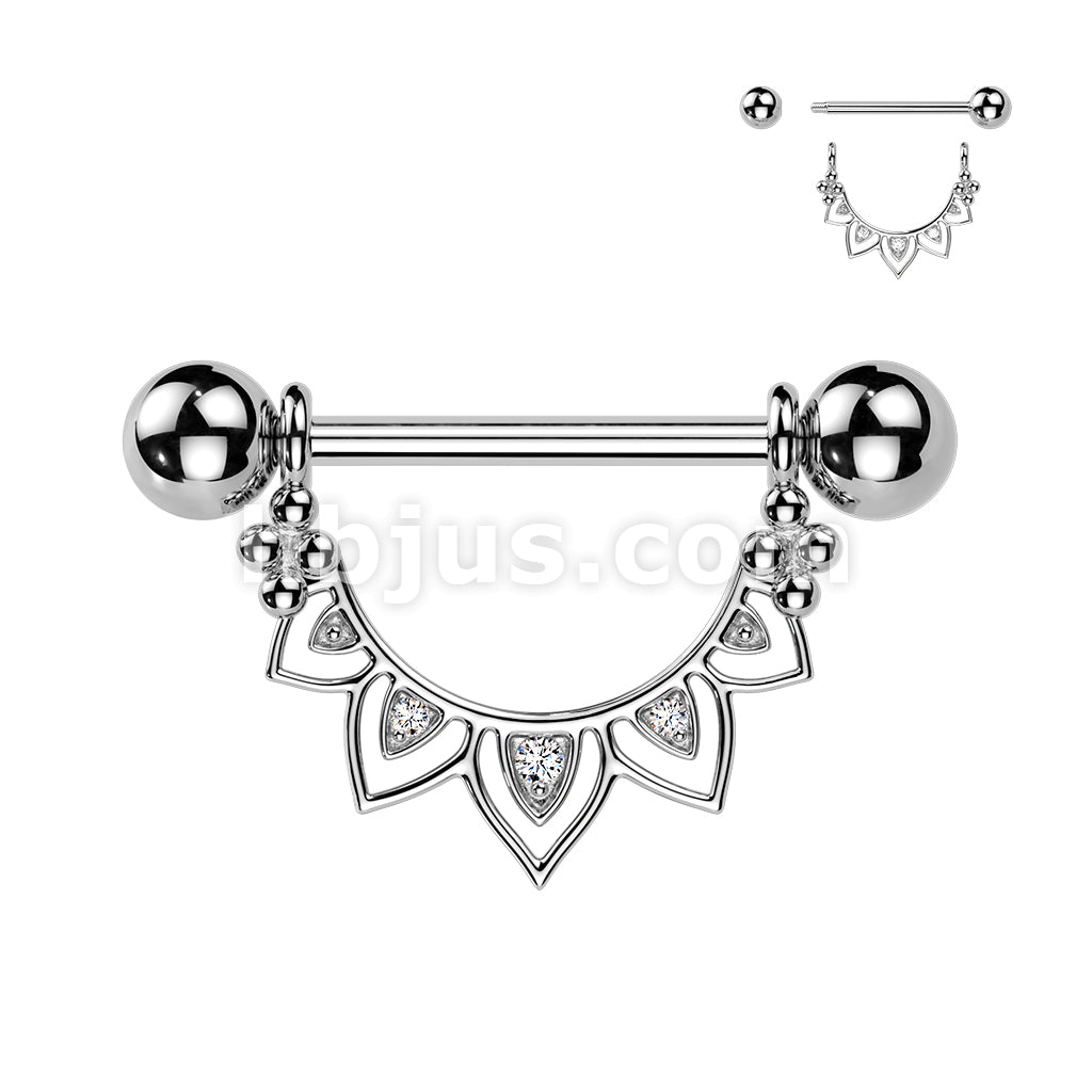 316L Surgical Steel 316L Nipple Barbell With CZ Filigree Fan Dangle - Image 2