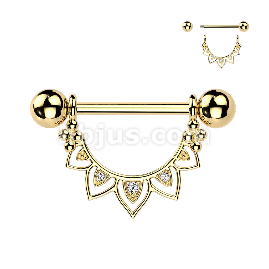 316L Surgical Steel 316L Nipple Barbell With CZ Filigree Fan Dangle - Image 3