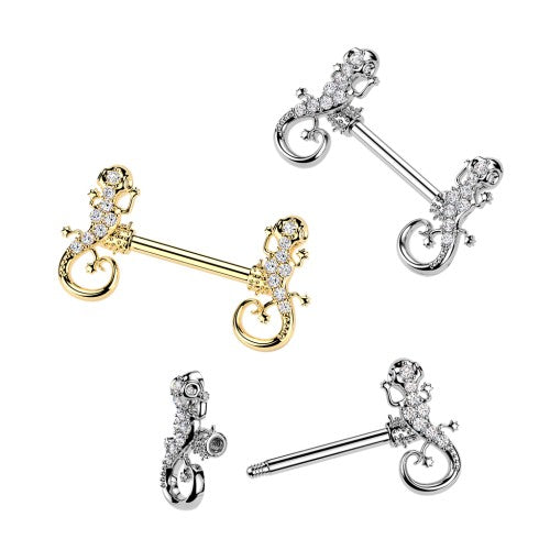 316L Surgical Steel 316L Surgical Steel Nipple Barbell With CZ Pave Gecko