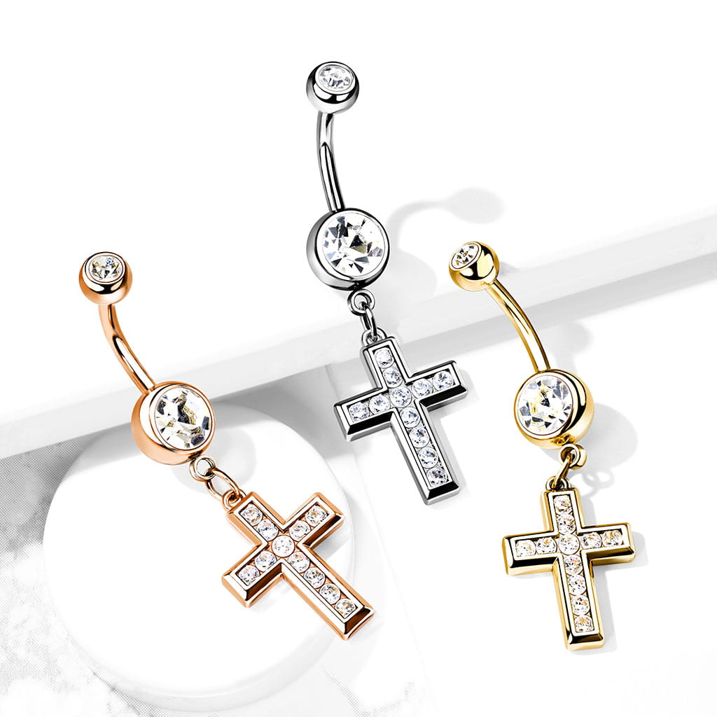 316L Surgical Steel 316L Surgical Steel CZ Set Cross Dangle Belly...