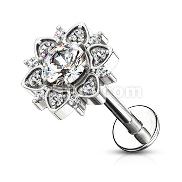 Paved CZ Flower With Round CZ Center Internally Threaded 316L Surgical... - Image 3