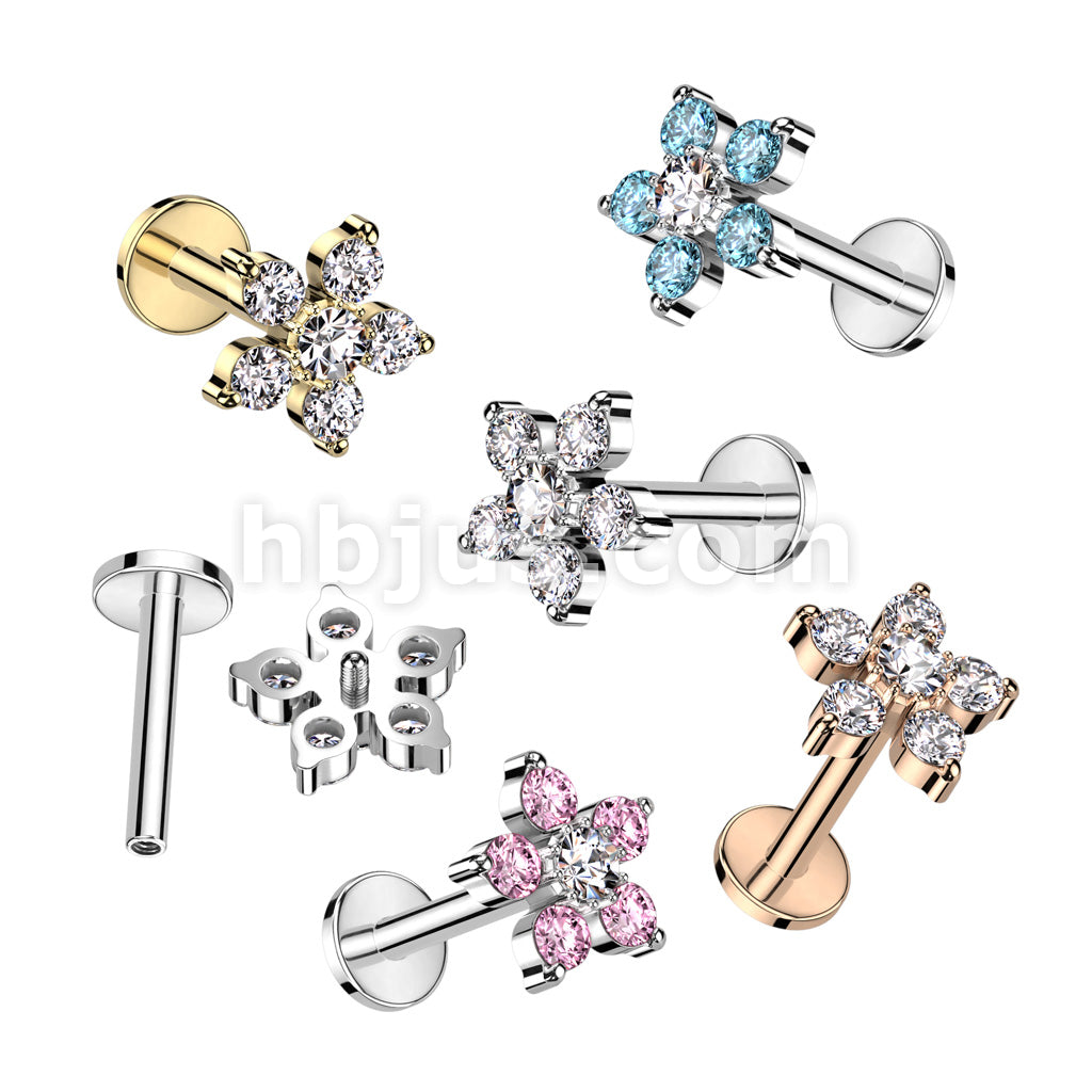 Double Tiered 6 CZ Flower Top Internally Threaded 316L Surgical Steel...