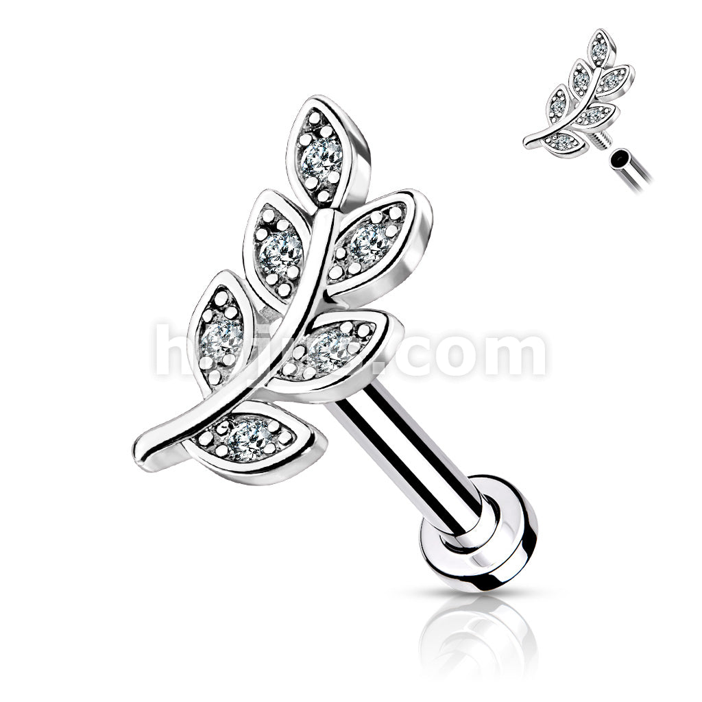 Micro CZ Paved Leaf Top on Internally Threaded 316L Surgical Steel Flat... - Image 3