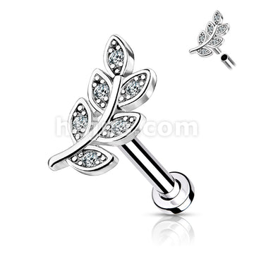 Micro CZ Paved Leaf Top on Internally Threaded 316L Surgical Steel Flat... - Image 3
