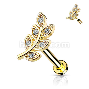 Micro CZ Paved Leaf Top on Internally Threaded 316L Surgical Steel Flat... - Image 4