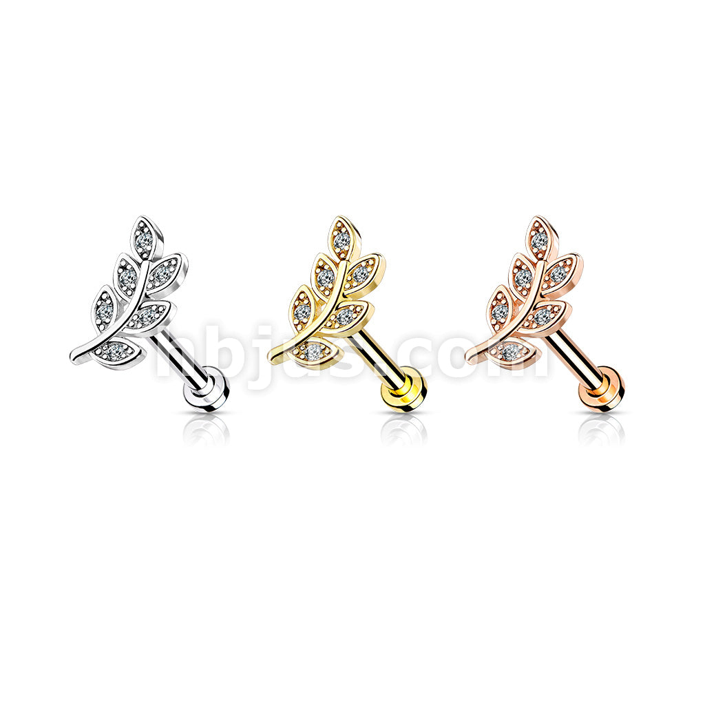 Micro CZ Paved Leaf Top on Internally Threaded 316L Surgical Steel Flat... - Image 7